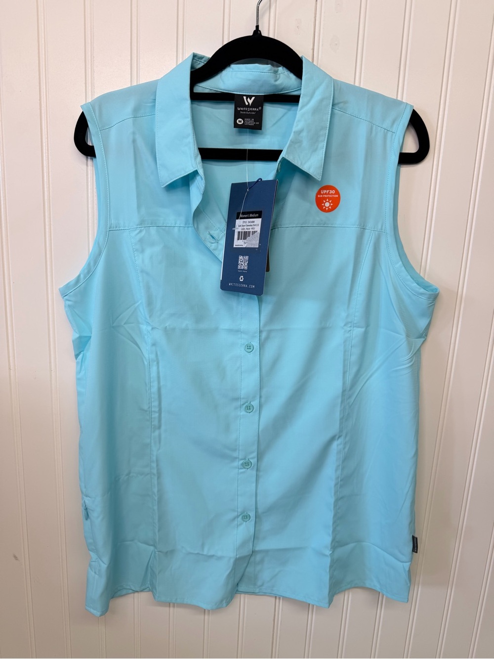 White Sierra Sleeveless Button-Down Top in Aqua Blue